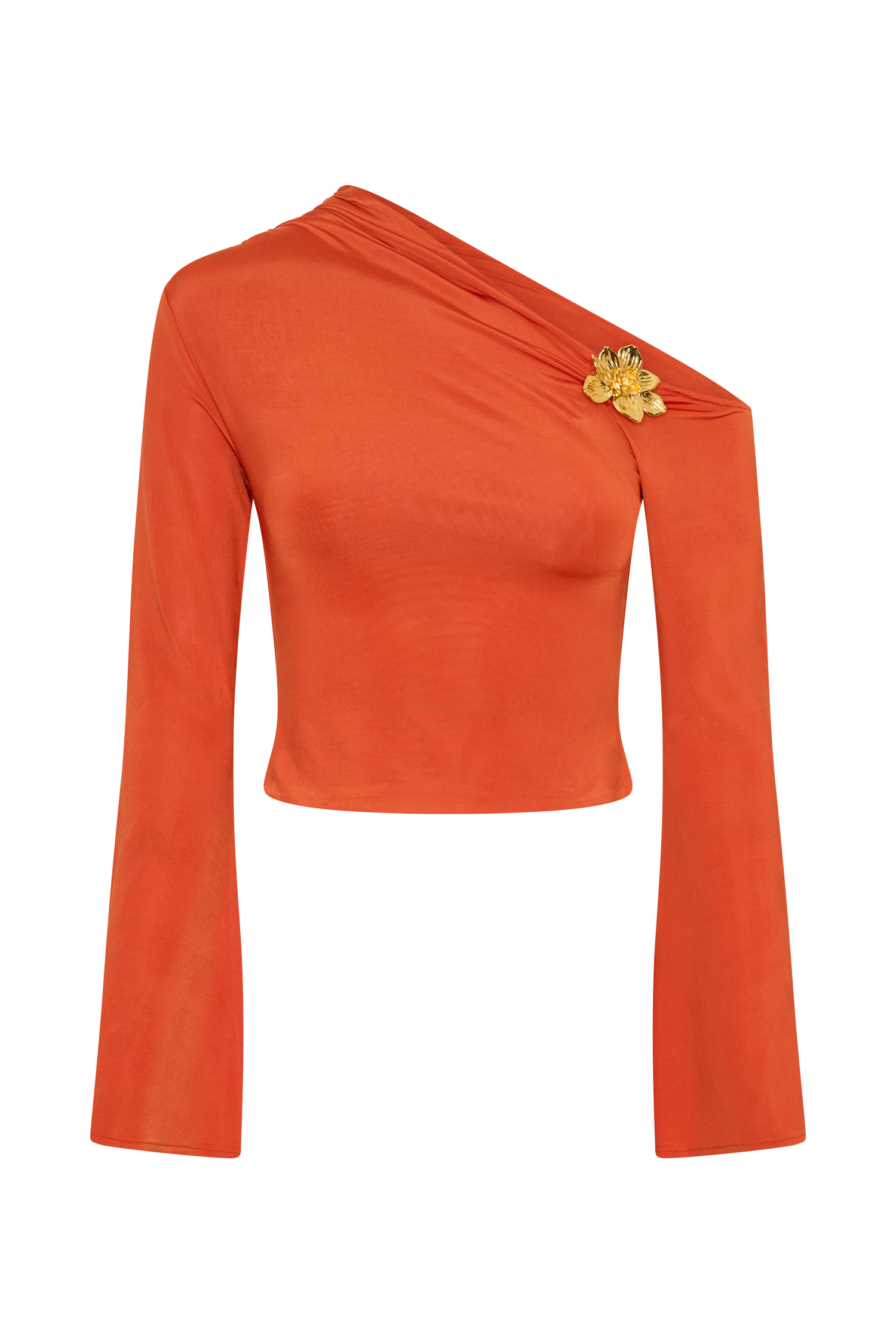 Ainsley Asymmetrical Long Sleeve Top With Floral Hardware - Burnt Orange
